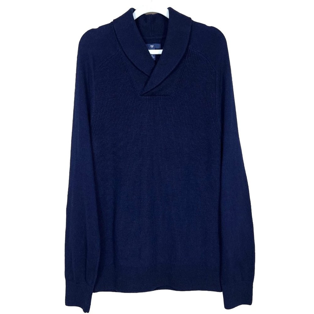Gap Men’s Shawl Sweater Wool Blend Texture Blue Medium Sample